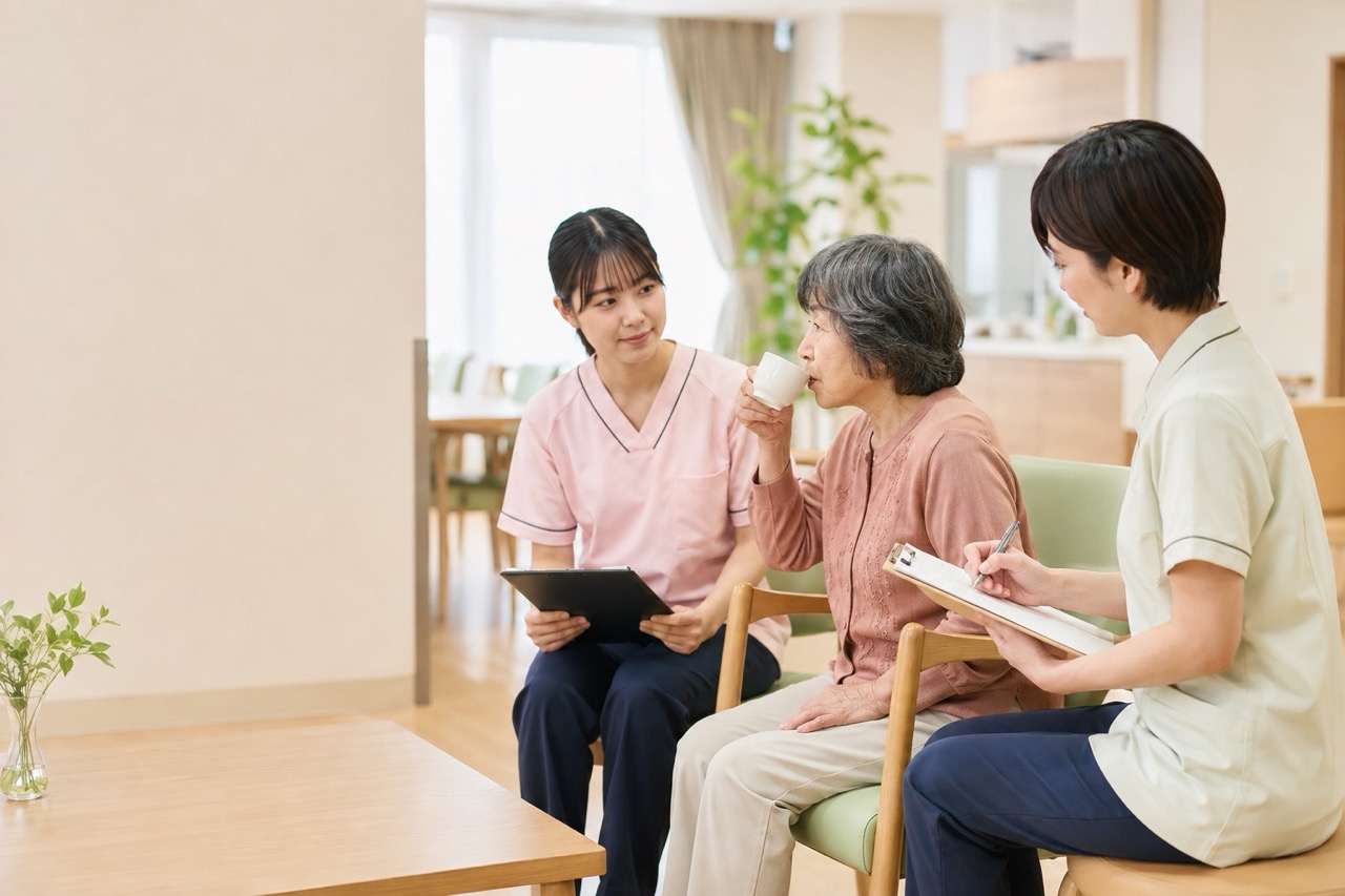 利用者の飲水の様子を観察し口腔・栄養状態を確認している様子