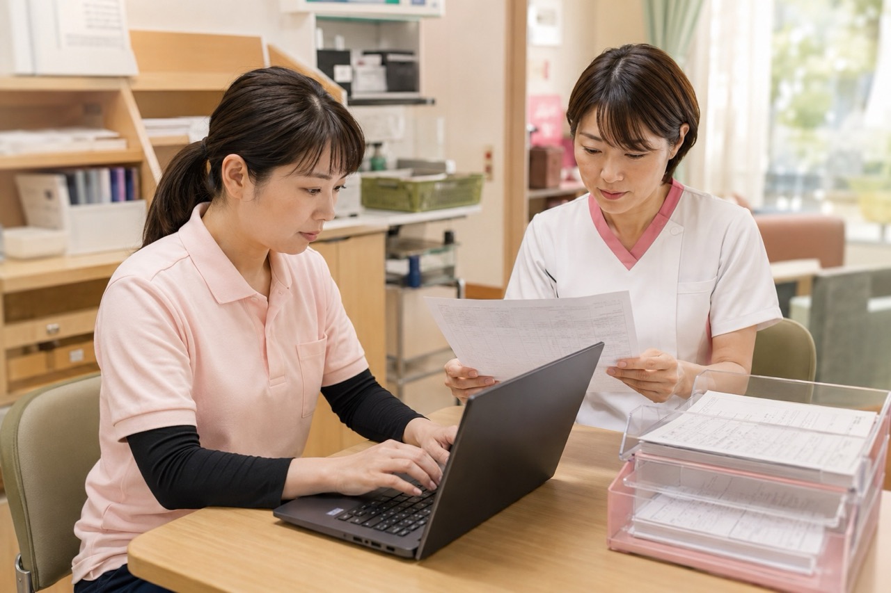 施設スタッフがパソコンを使ってLIFEへの提出内容を確認している様子